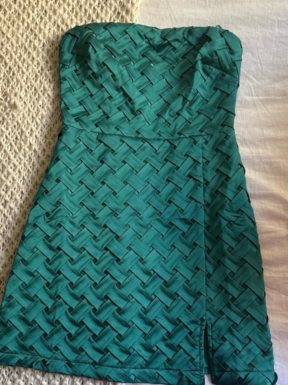 Strapless Emerald Green Woven Texture Mini Dress